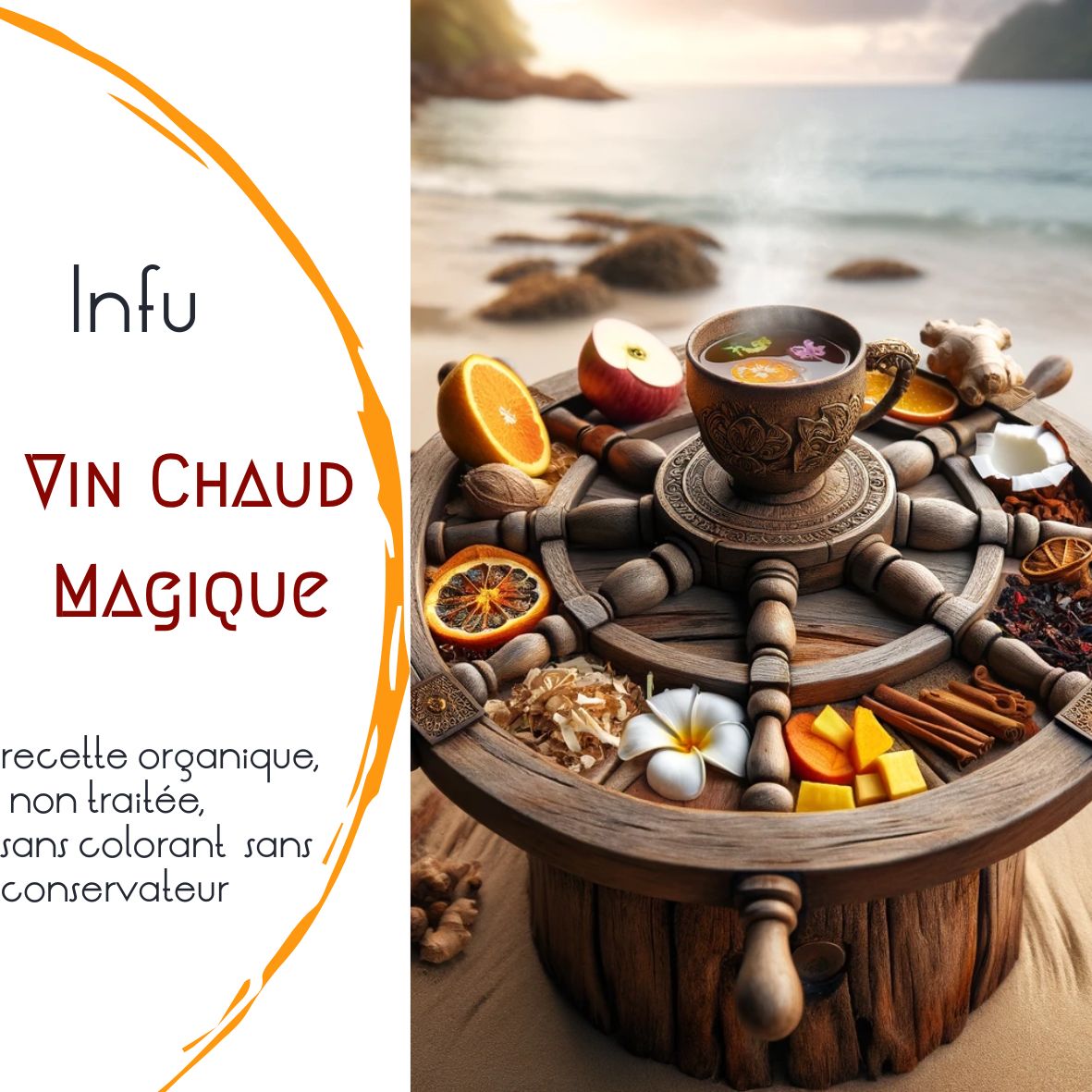 Infusion Vin Chaud Magique des Caraïbes LEGBA, tisane fruitée épicée sans alcool avec orange, cannelle, gingembre, ananas, mangue et coco