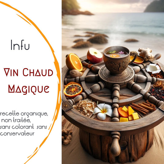 Infusion Vin Chaud Magique des Caraïbes LEGBA, tisane fruitée épicée sans alcool avec orange, cannelle, gingembre, ananas, mangue et coco