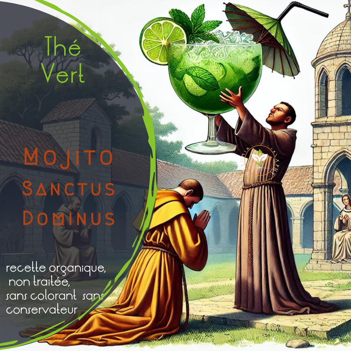 Étiquette du thé vert Mojito – Moines en prière devant un cocktail géant à la menthe et au citron vert, illustration humoristique et artisanale